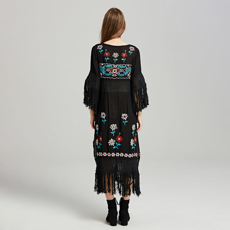 Ethnic Boho Embroidery Tassel Maxi Dress