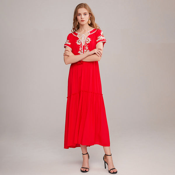 Loose Embroidery Maxi Dress V Neck Short Sleeve Tassel Red