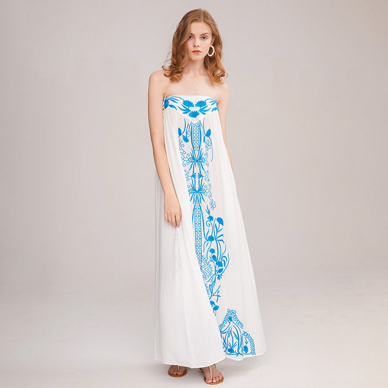Off Shoulder Boho Embroidery Women Maxi Dress