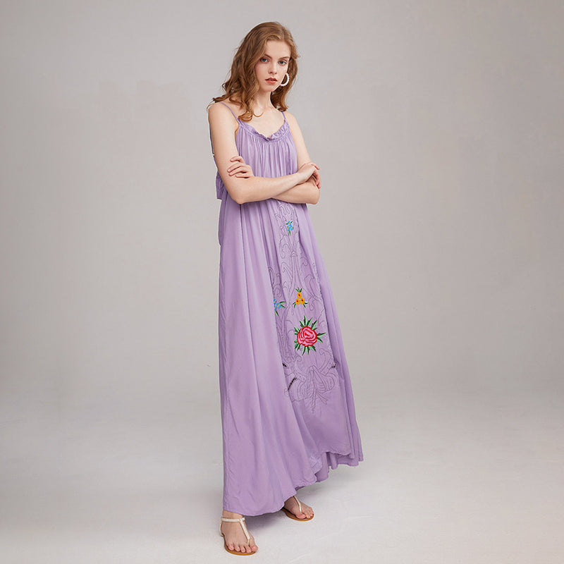 Boho Floral Embroidery Slip Maxi Dress Backless