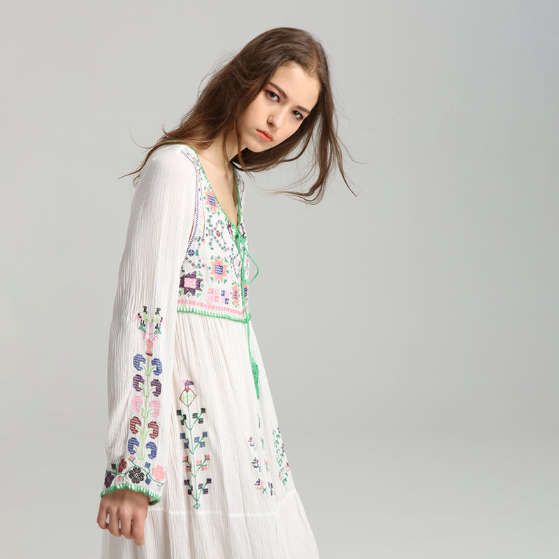 Boho Floral Embroidery Loose Maxi Dress