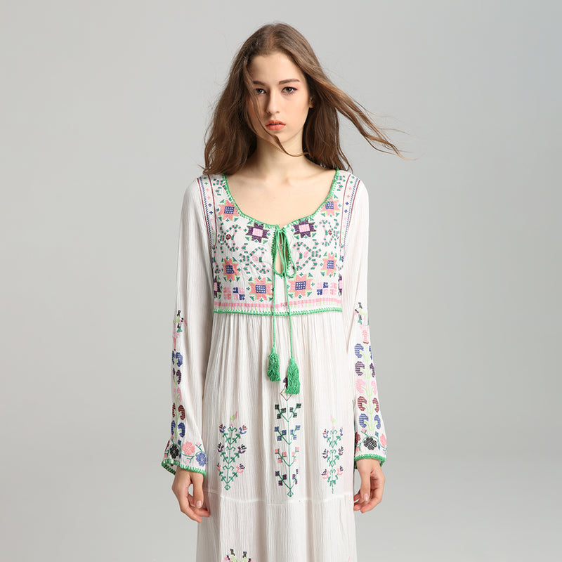 Boho Floral Embroidery Loose Maxi Dress
