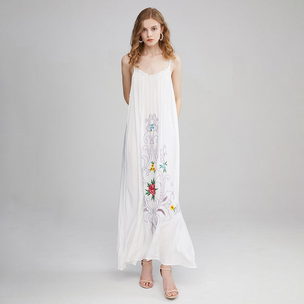 Boho Floral Embroidery Slip Maxi Dress Backless