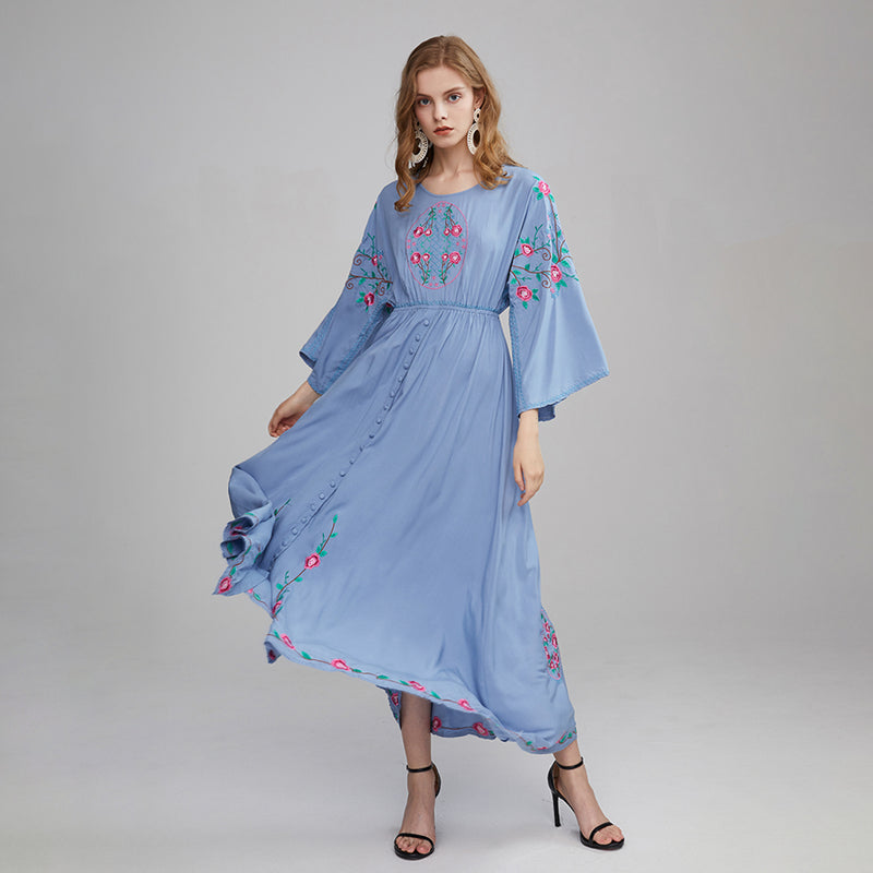 Boho Embroidery Women Maxi Dress Flare Sleeves