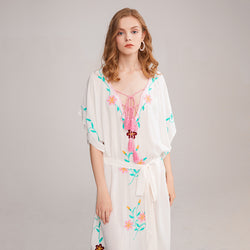 Boho Floral Embroidery Batwing Sleeve Maxi Dress