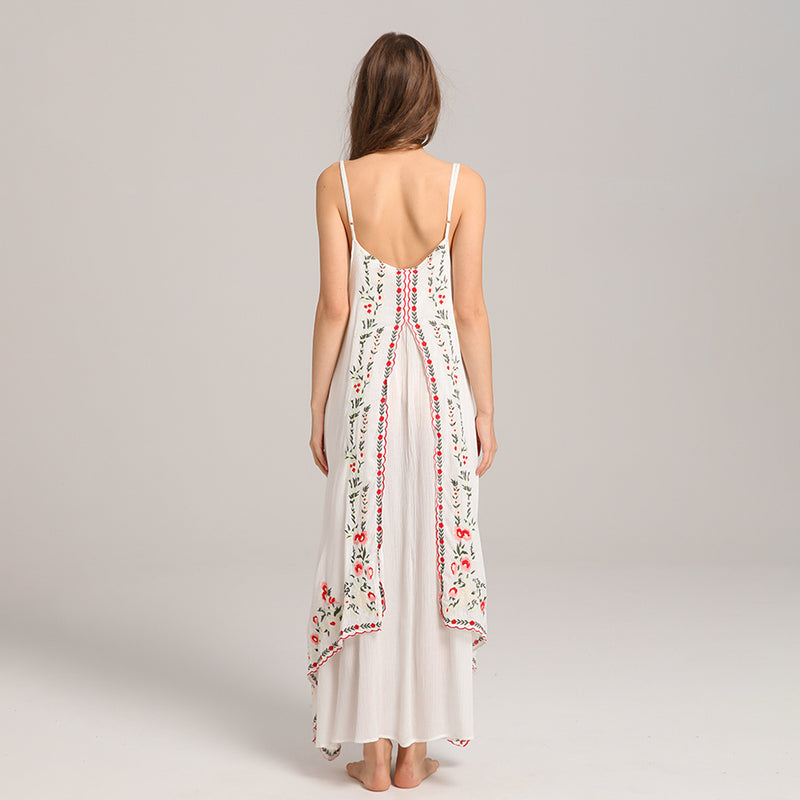 Boho Embroidery Asymmetrical Maxi Slip Dress