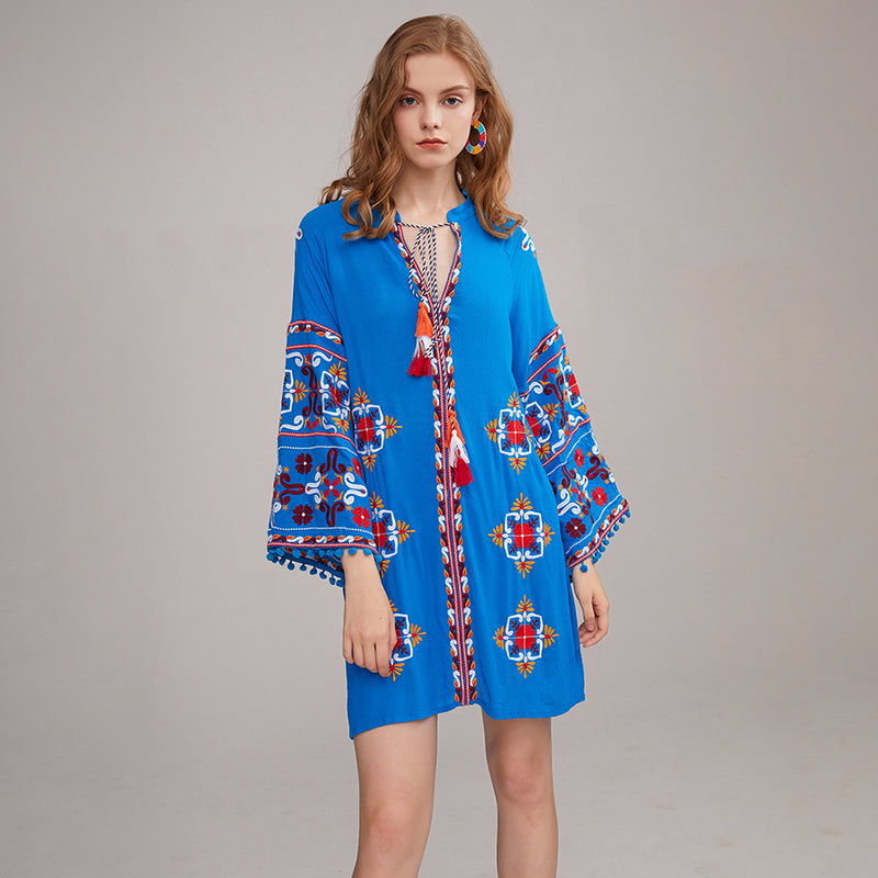 Boho Embroidery Panelled Patchwork Women Mini Dress