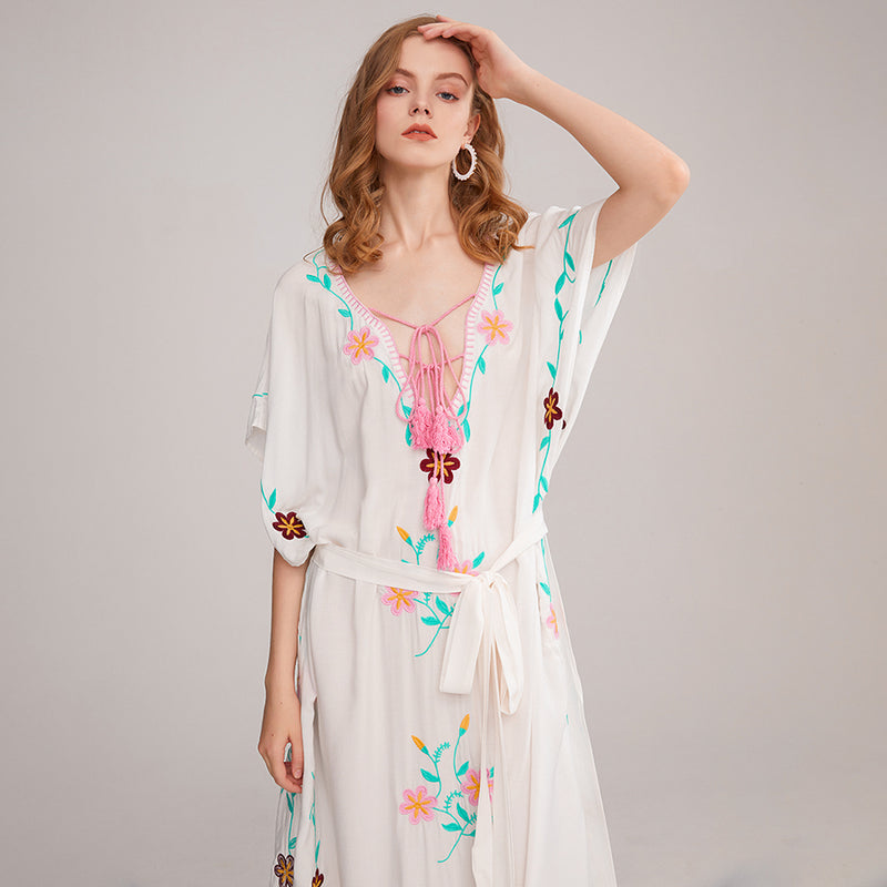 Boho Floral Embroidery Batwing Sleeve Maxi Dress