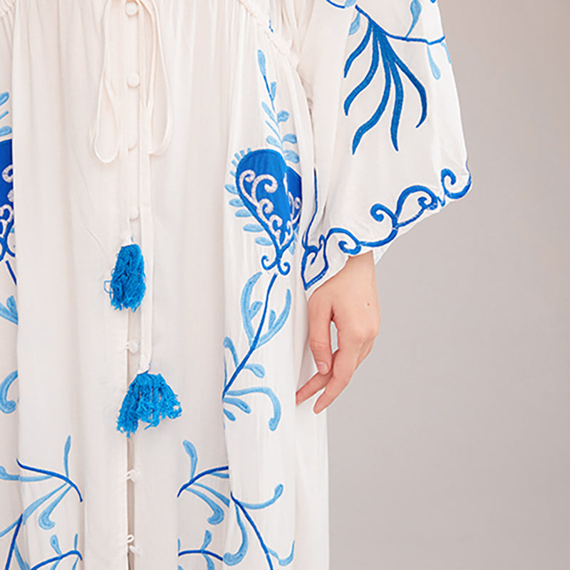Embroidered Women Maxi Dress V-Neck Batwing Sleeve White