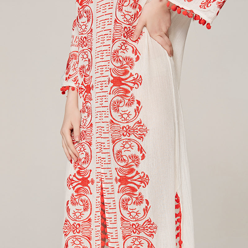 Ethnic Boho Embroidery Furcal Midi Dress