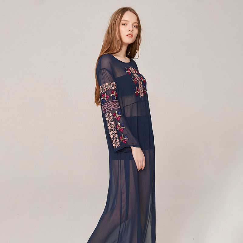 Boho Embroidery Semi Sheer Furcal Maxi Dress