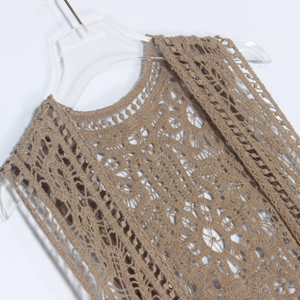 Asymmetric Open Stitch Crochet Knit Embroidery Cardigan Khaki
