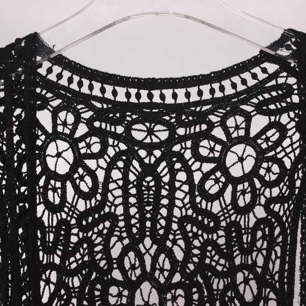 Asymmetric Open Stitch Crochet Knit Embroidery Cardigan Black