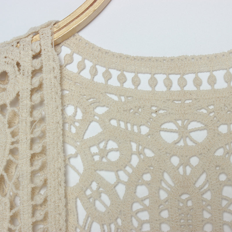 Asymmetric Open Stitch Crochet Knit Embroidery Cardigan Beige