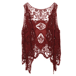 Hippie Froral Patch Crochet Cover Up Top wine red