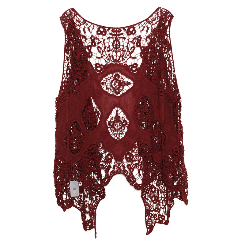 Hippie Froral Patch Crochet Cover Up Top wine red