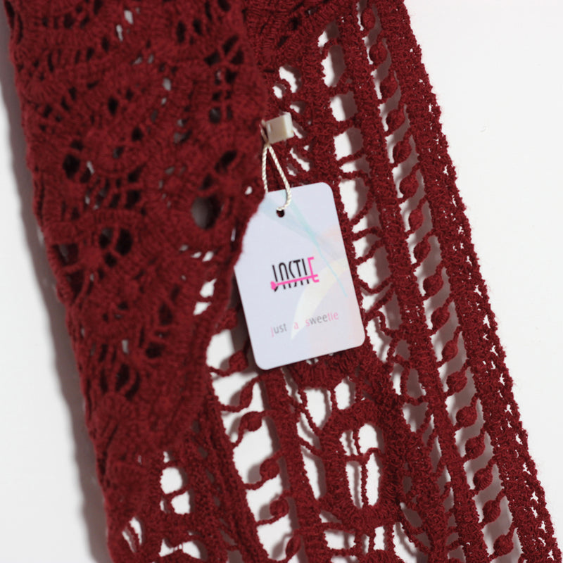 Asymmetric Open Stitch Crochet Knit Embroidery Cardigan Red
