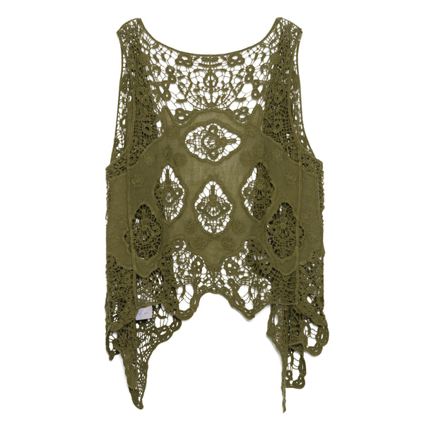 Hippie Froral Patch Crochet Cover Up Top Olive
