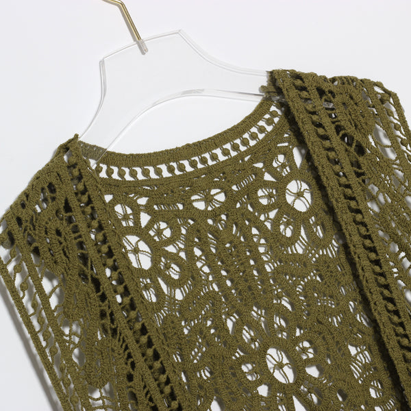 Asymmetric Open Stitch Crochet Knit Embroidery Cardigan Olive