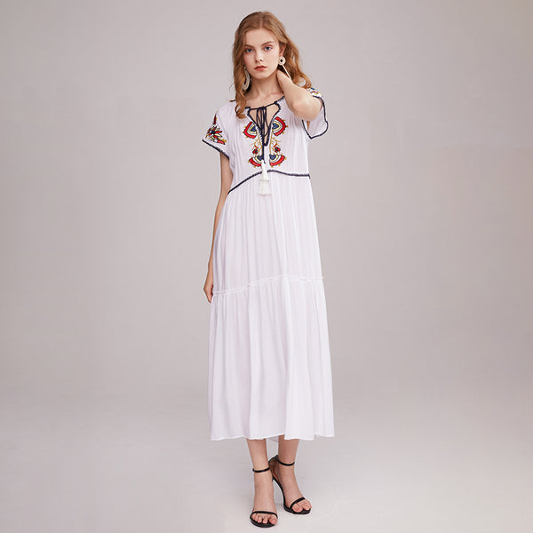 Loose Embroidery Maxi Dress V Neck Short Sleeve Tassel White