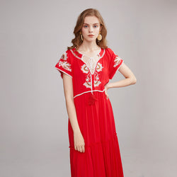 Loose Embroidery Maxi Dress V Neck Short Sleeve Tassel Red