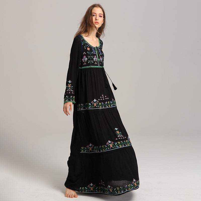 Boho Floral Patchwork Embroidery Maxi Dress