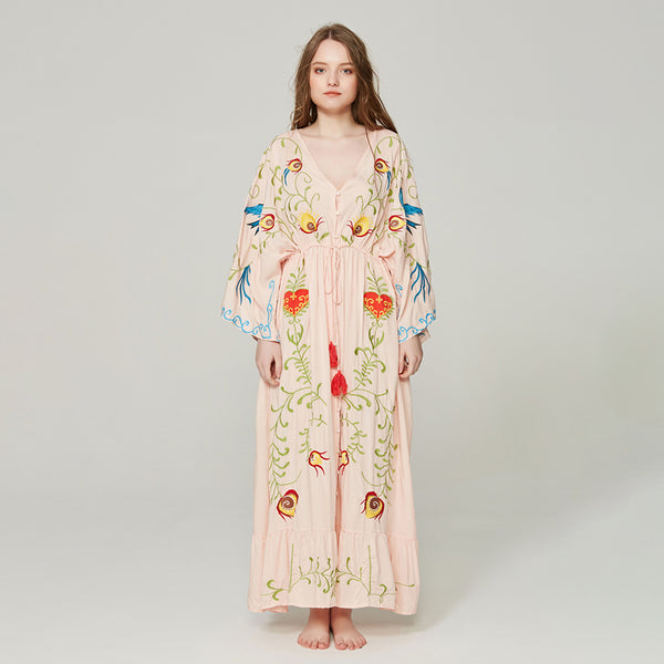 Embroidered Women Maxi Dress V-Neck Batwing Sleeve Pink Fairy
