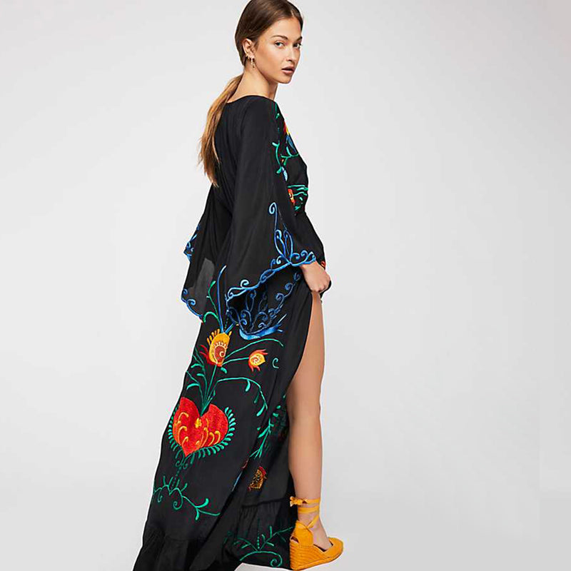 Embroidered Women Maxi Dress V-Neck Batwing Sleeve Mysterious Black