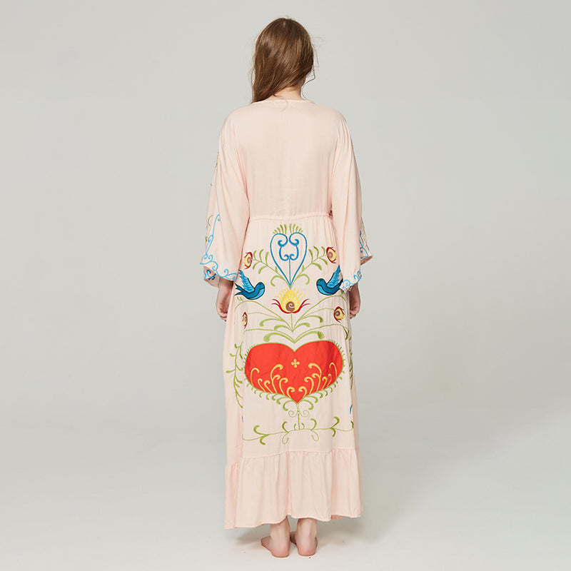 Embroidered Women Maxi Dress V-Neck Batwing Sleeve Pink Fairy