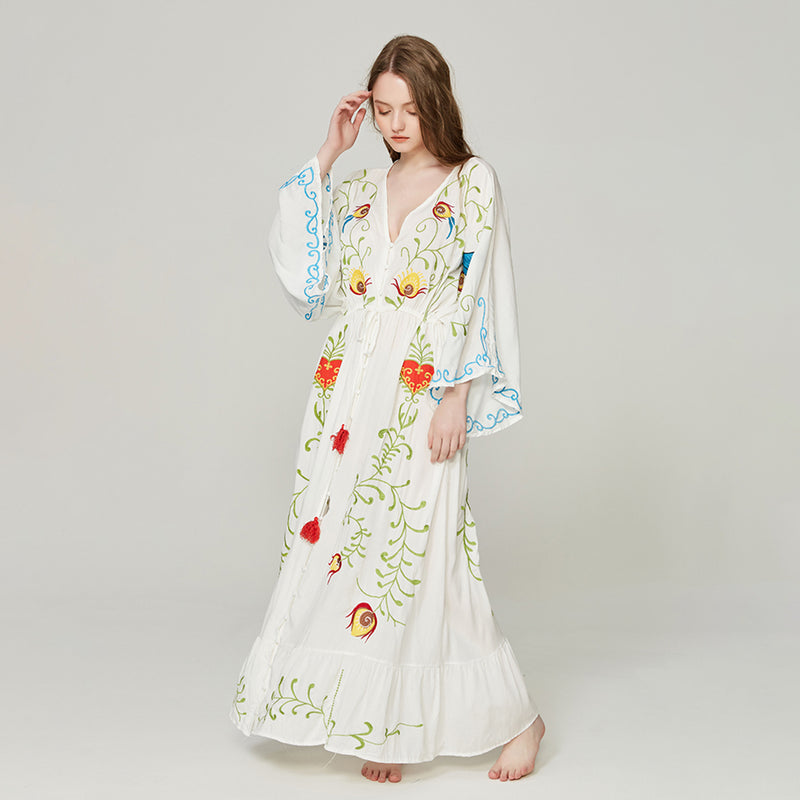 Embroidered Women Maxi Dress V-Neck Batwing Sleeve