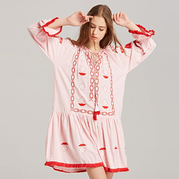 Ethnic Boho Embroidery Loose Mini Dress
