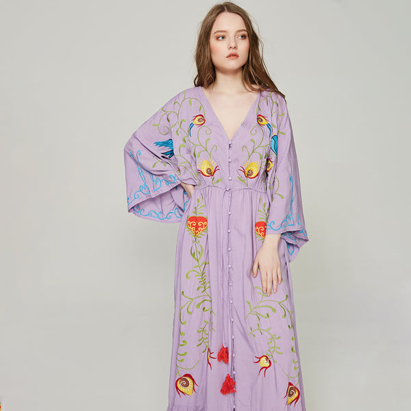 Embroidered Women Maxi Dress V-Neck Batwing Sleeve Dream Purple