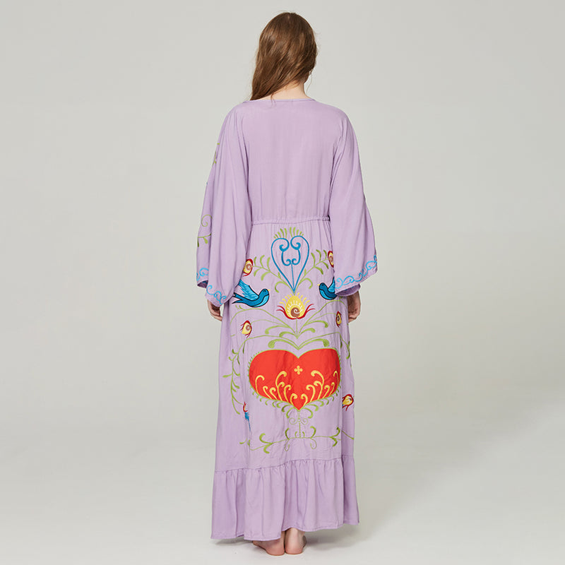 Embroidered Women Maxi Dress V-Neck Batwing Sleeve Dream Purple