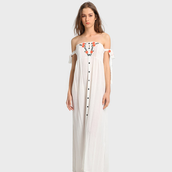 Off Shoulder Embroidery Maxi Dress Boho Style